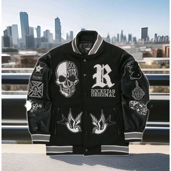 NWT! Rockstar Original YOUTH Boys Vidar Black Varsity Bomber Jacket SZ 6/7 $165 - Picture 1 of 10